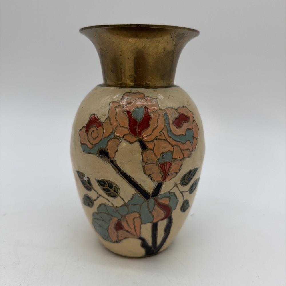 vintage hand-painted enamel and solid brass floral vase